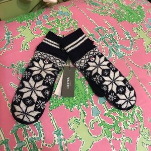NWT New Hestra Isvik Mitt navy & off white Patterned Wool Knitted Mitten Size 6